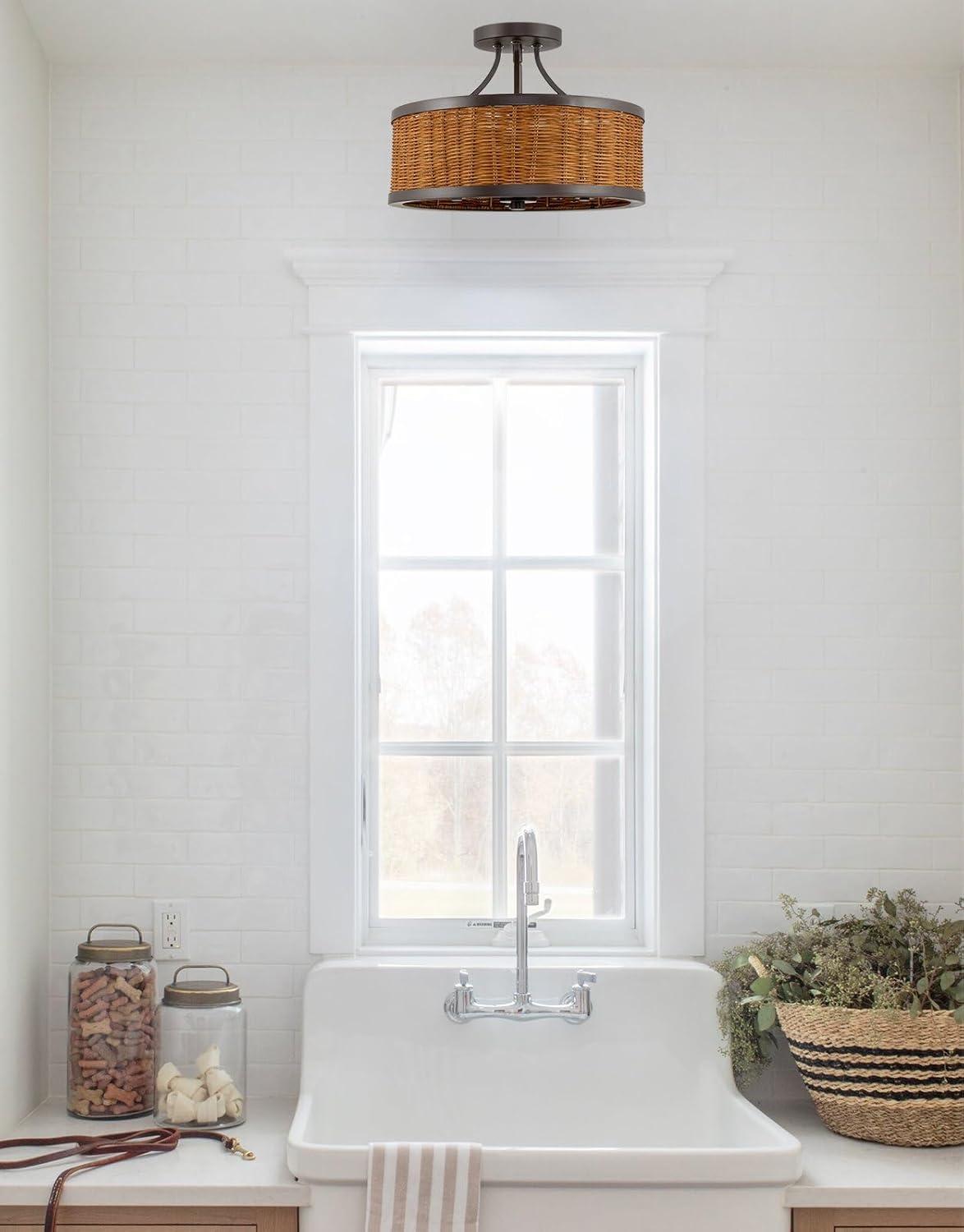 Kira Home Zora 15" 3-Light Modern Semi Flush Mount Ceiling Light + Rattan Wicker Drum Shade, Oil Rubbed Bronze Finish