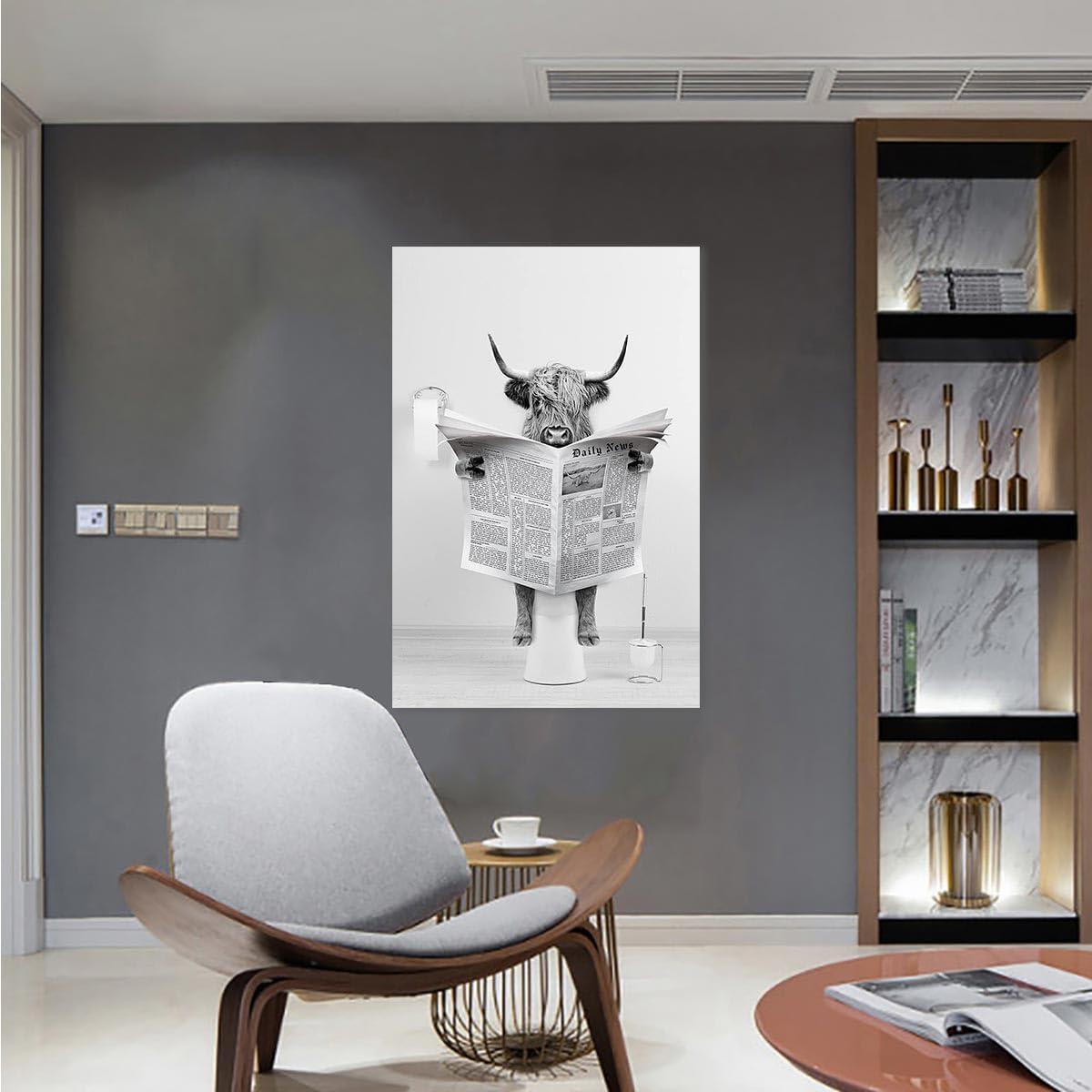 Modern Black Framed Highland Cow Wall Art Minimalist Bathroom Wall Decor Cute Funny Animals Artwork Canvas Prints Ready to Hang for Guest Bathroom, Hotel, Condo, Kids Bathroom, 12”x16”