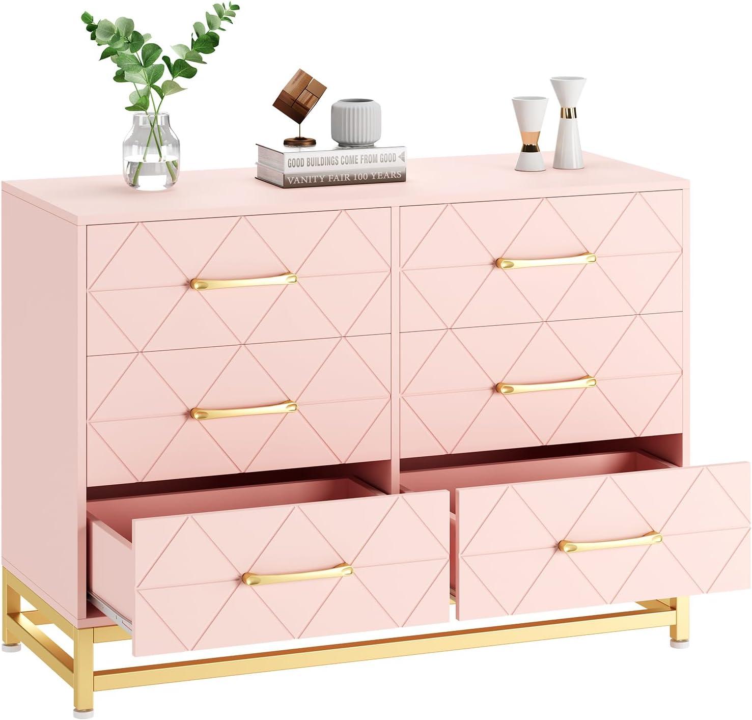 Yesurprise 6 Drawers Dresser for Bedroom TV Stand Dressers Chest of Drawers for Living Room Hallway Entryway Pink