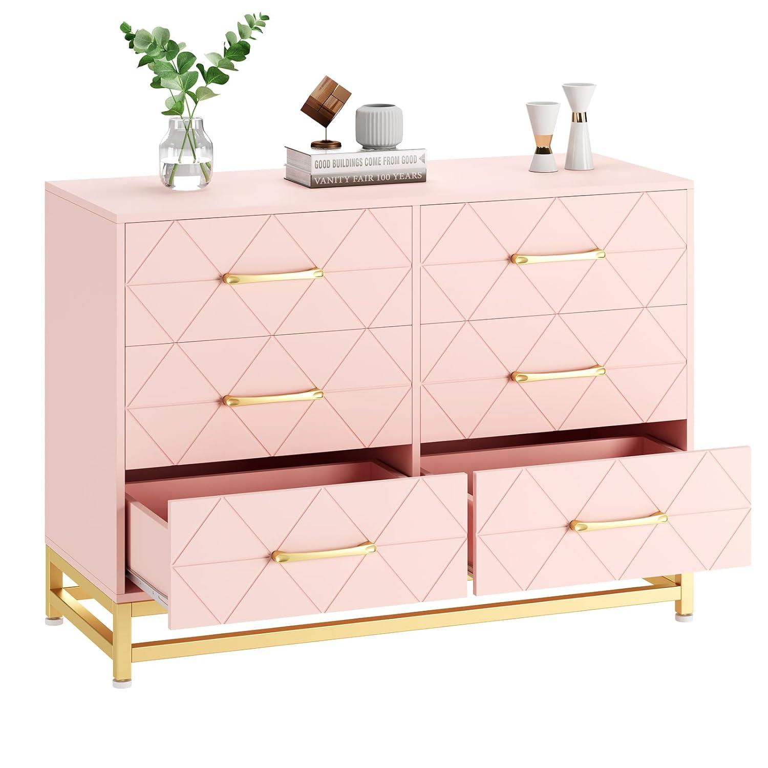 Yesurprise 6 Drawers Dresser for Bedroom TV Stand Dressers Chest of Drawers for Living Room Hallway Entryway Pink
