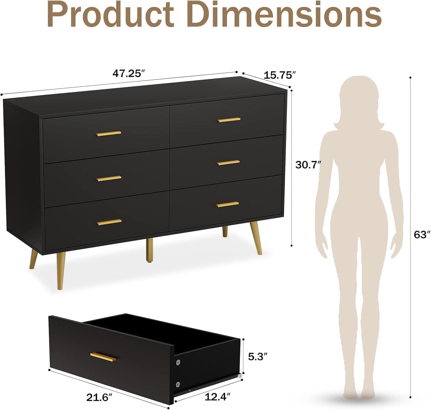 Black Modern 6-Drawer Dresser with Gold Handles