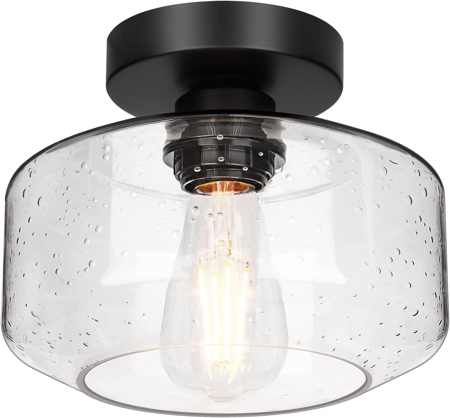 Industrial Black Semi Flush Mount Light with Seeded Glass Shade