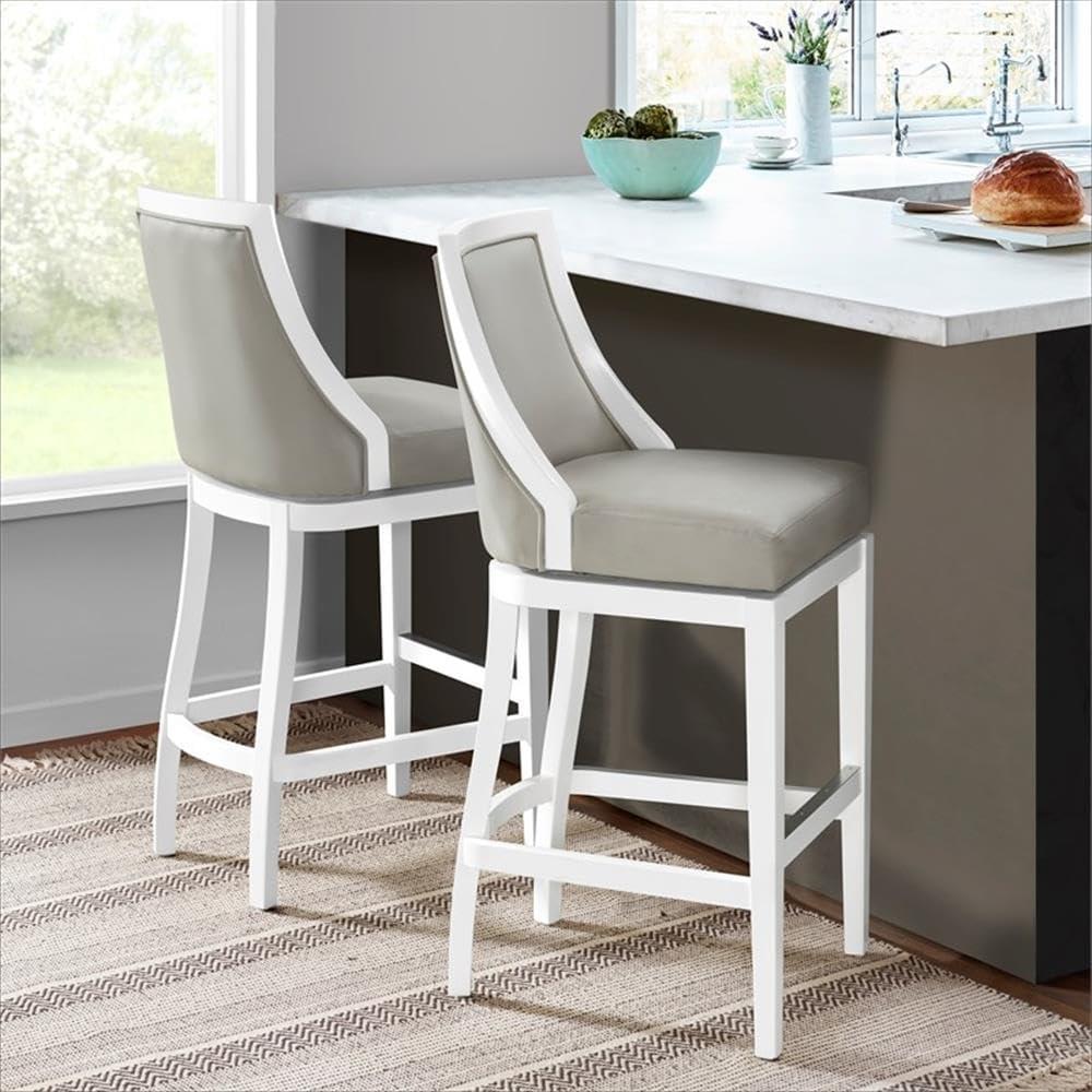 Alaterre Ellie Upholstered Swivel Bar Stool Chairs with Padded Seat and Back, Rubberwood Frame with Metal Kick Plate
