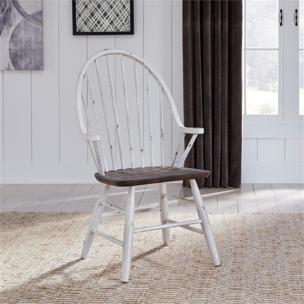 Farmhouse Transitional Rubberwood White Windsor Back Arm Chair