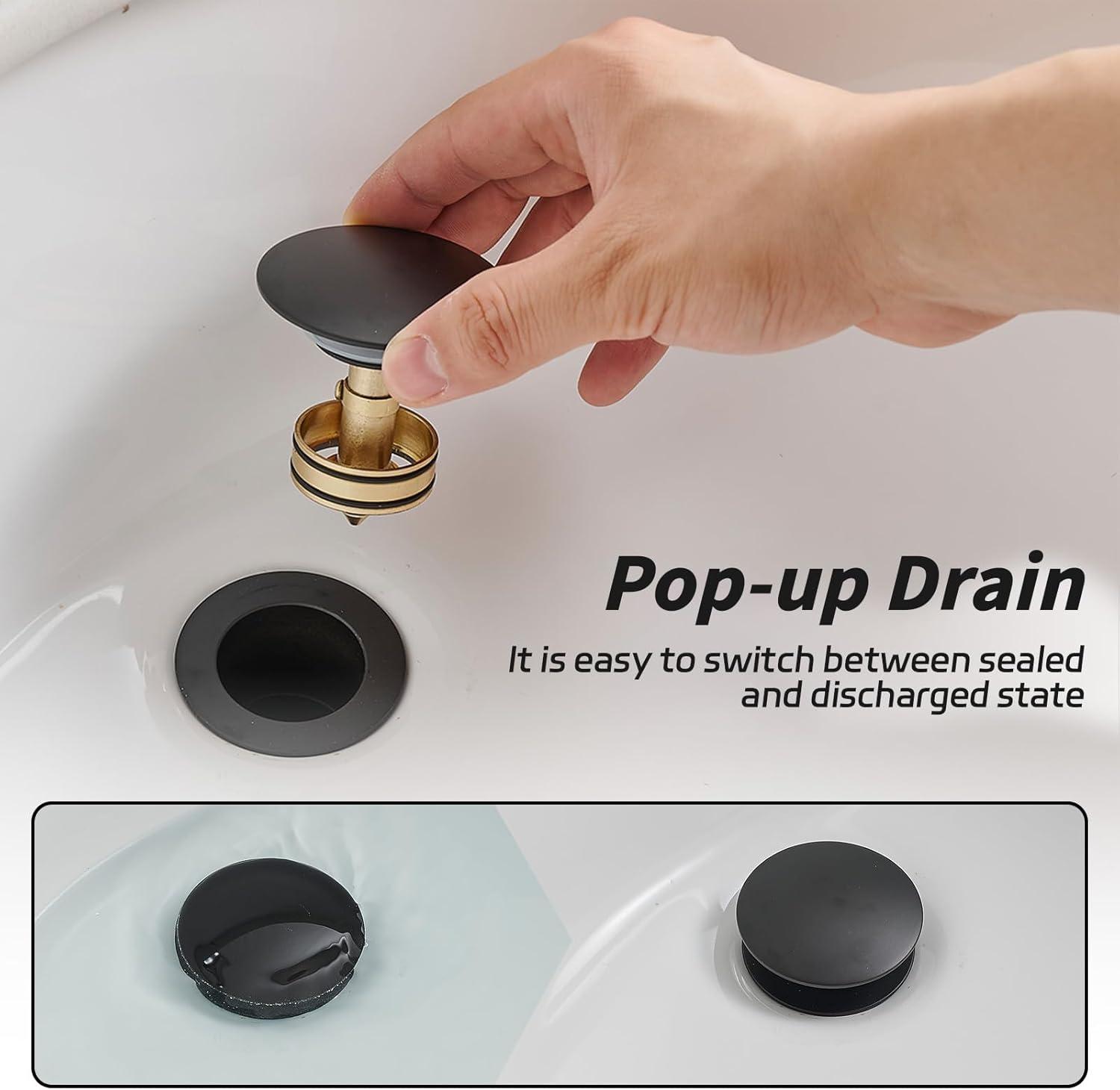 ESFORT Bathroom Sink Drain Stopper with Overflow Pop Up Sink Drain for Vessel Vanity Lavatory Sink, Matte Black