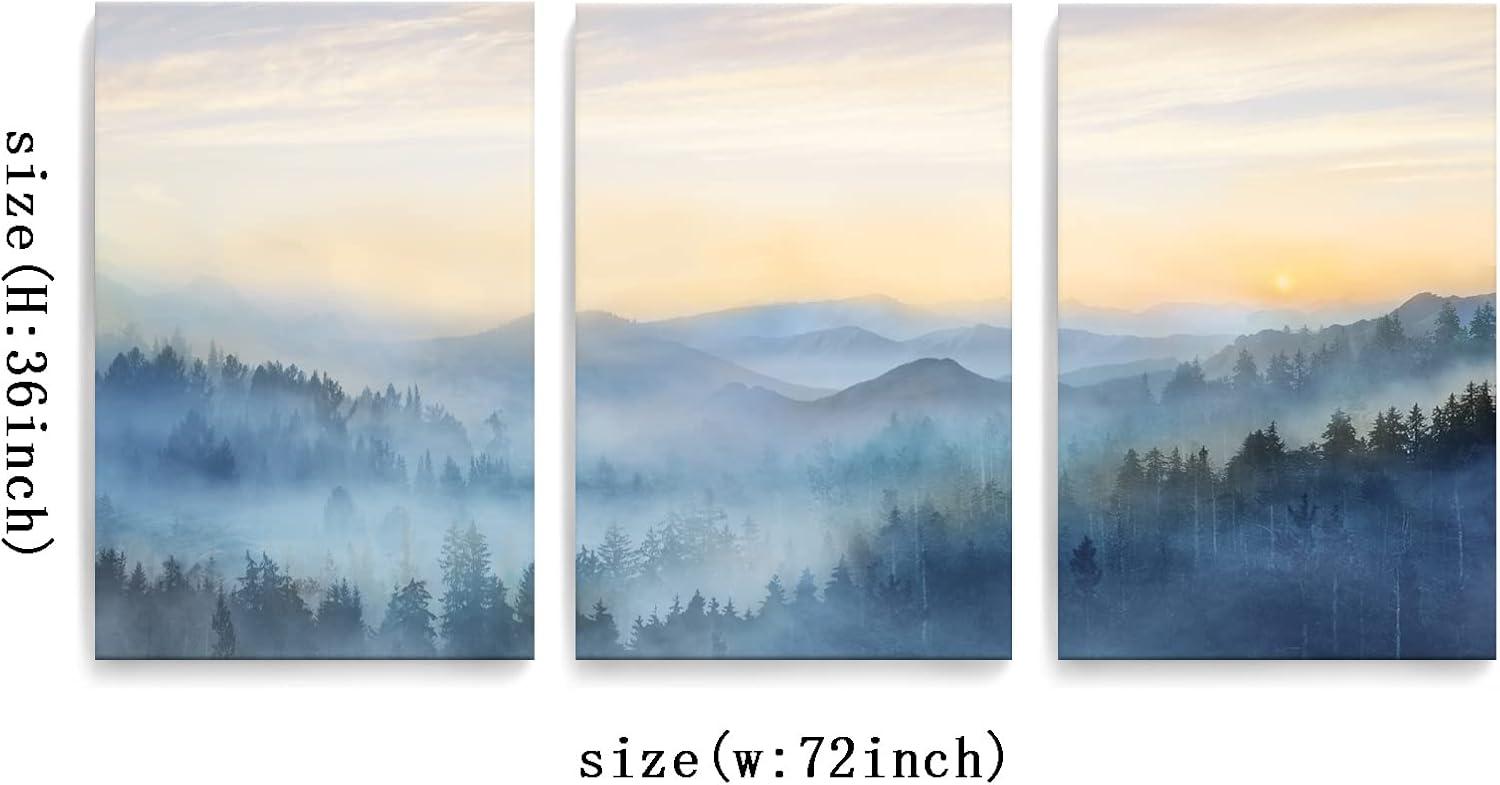 YJYart Foggy Forest Canvas Wall Art Landscape Mountain Wall Art for Living Room Sunrise Wall Decor Modern Artwork Canvas Prints Pictures for Wall Home Office Size 24"x 36"x 3pcs