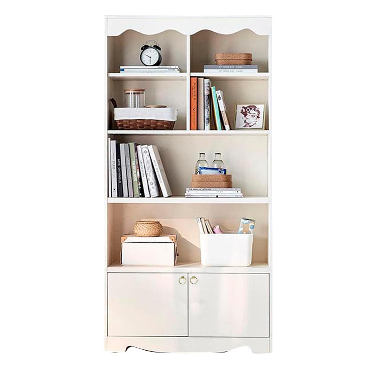 5-Tier White Bookcase, 63 Inch Tall Bookshelf with Open Storage Shelves & Doors, Modern Wooden Floor Standing Display Storage Shelves