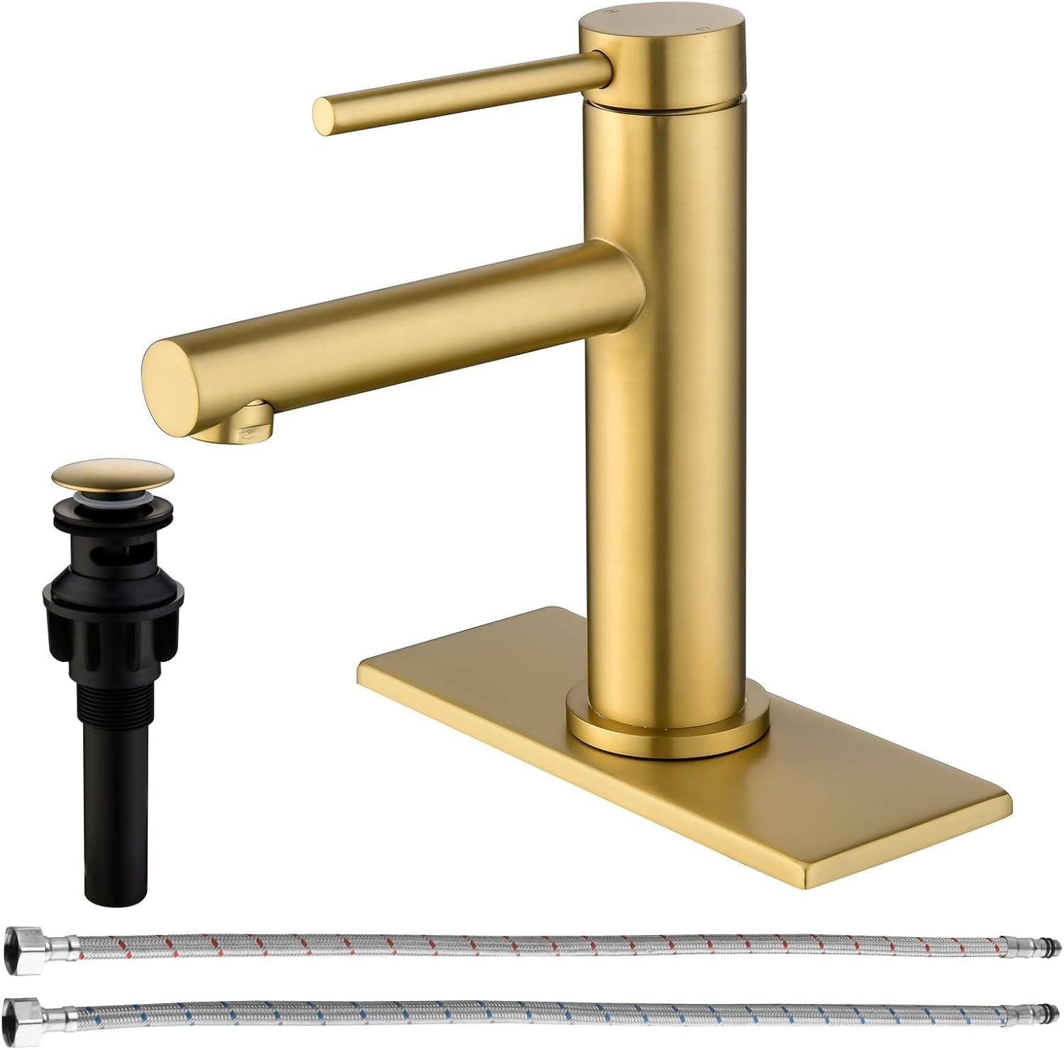 Brushed Gold Single Handle Brass Bathroom Faucet with Pop-up Drain