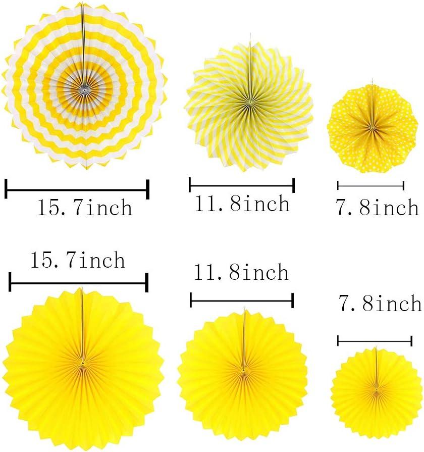 Yellow Birthday Party Decoration - 6 Hanging Fans & Birthday Banner & Decorative Circle Dot Garland & 12 Paper Tassels for Birthday Party, Baby Shower, Wedding etc.