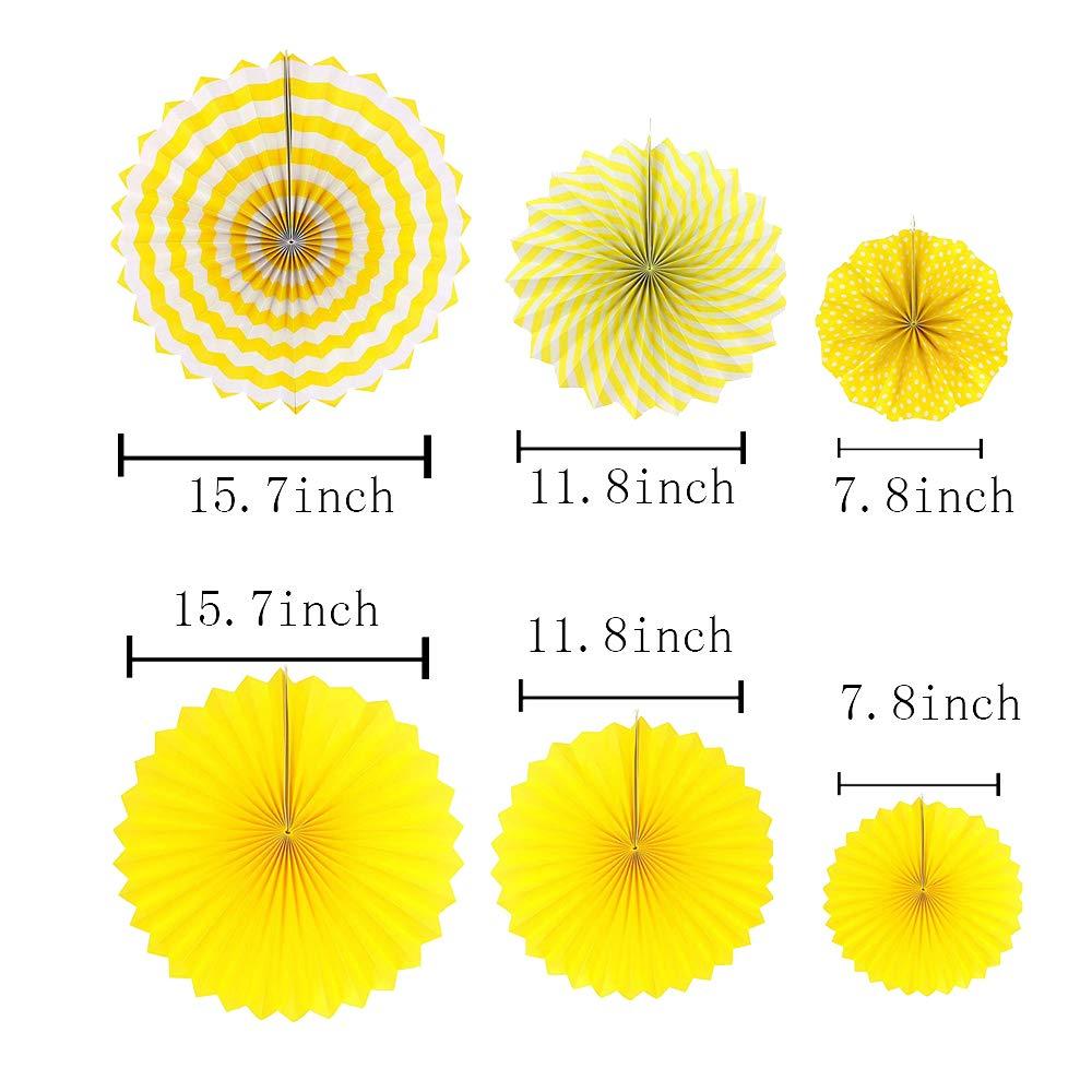 Yellow Birthday Party Decoration - 6 Hanging Fans & Birthday Banner & Decorative Circle Dot Garland & 12 Paper Tassels for Bday Party, Baby Shower, Wedding etc.