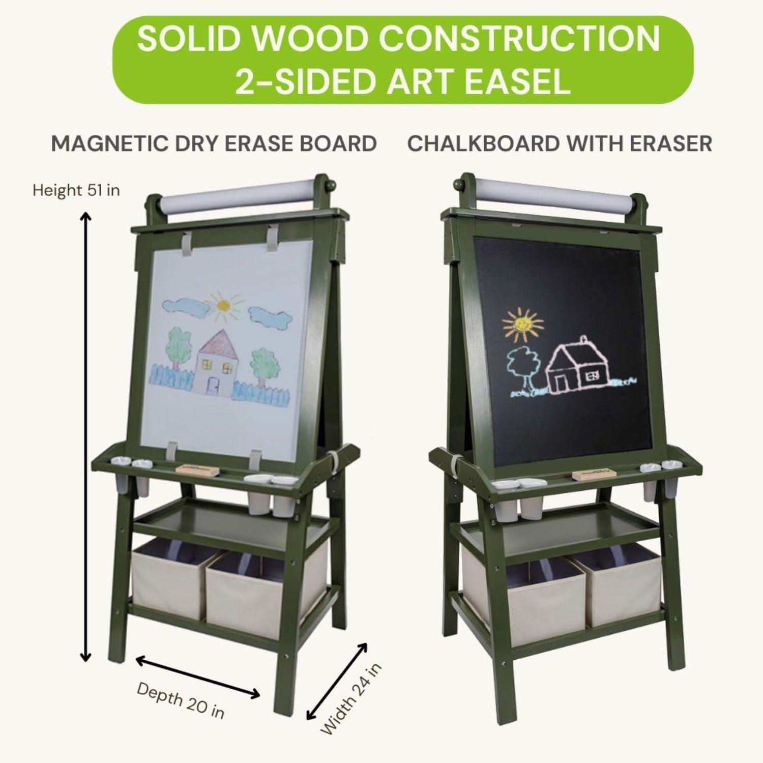 Olive Green Dual-Sided Magnetic Art Easel with Storage Bins