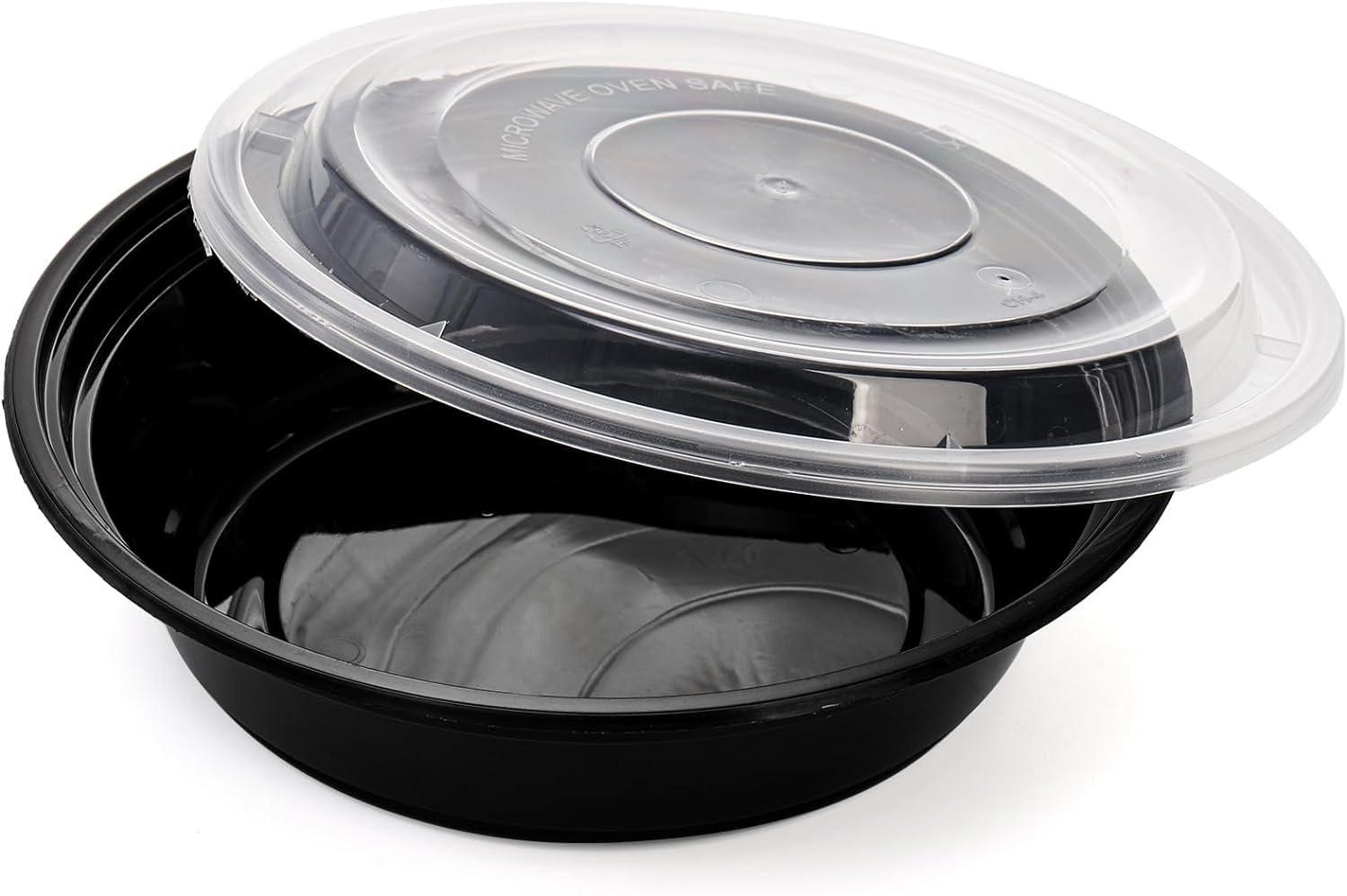 Diska NuLife 48oz Round Food Container 50 Pcs | Black PP Polypropylene Containers With Lids For Storage | Microwave & Freezer Safe | Eco-Friendly, BPA-Free