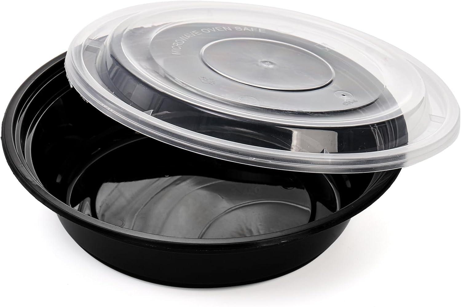 Diska NuLife 48oz Round Food Container 50 Pcs | Black PP Polypropylene Containers With Lids For Storage | Microwave & Freezer Safe | Eco-Friendly, BPA-Free