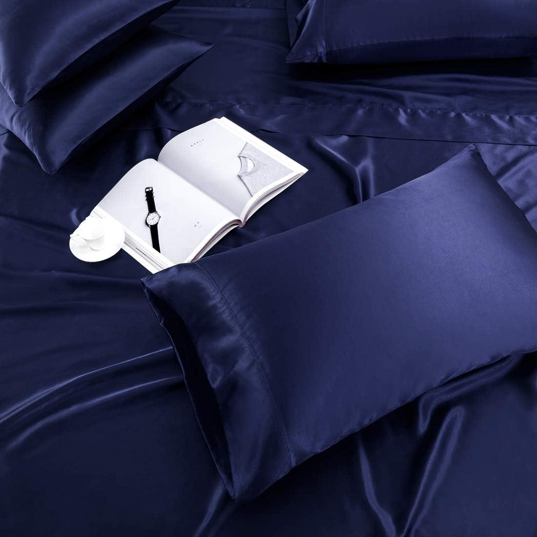 TREELY 6 Piece King Size Satin Sheet Set - Navy Blue, Deep Pocket, Fitted Sheet, Flat Sheet, 4 Pillowcases