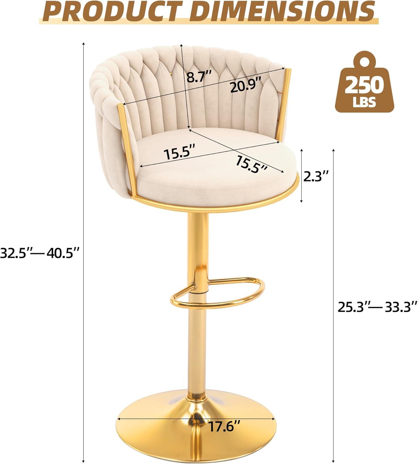 Counter Height Stools Set of 2, Velvet Bar Stools with 27 Inches Upholstered Seat Height, Handmade Woven Back Armrest, Sturdy Golden Metal Legs for Home Dining Pub Kitchen Island, Beige