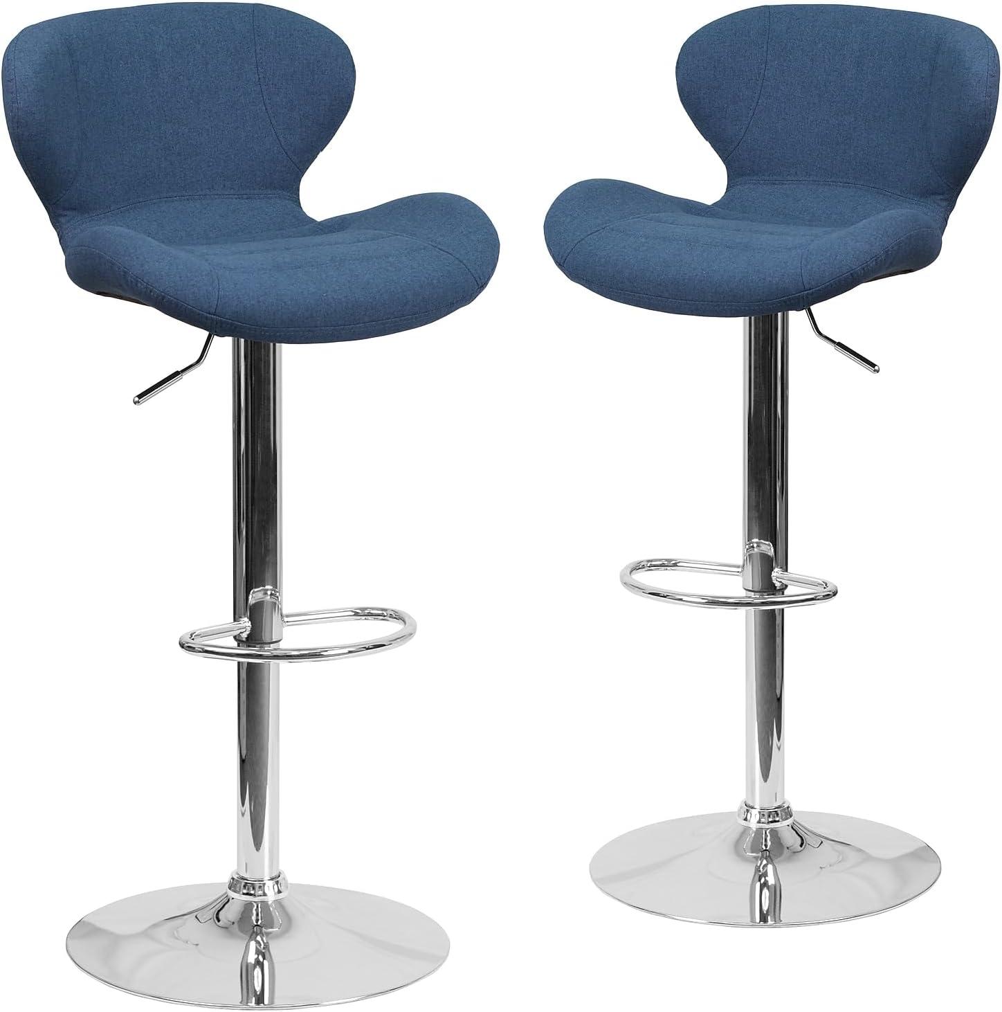 Flash Furniture Francis Contemporary Blue Fabric Adjustable Height Barstool with Curved Back and Chrome Base