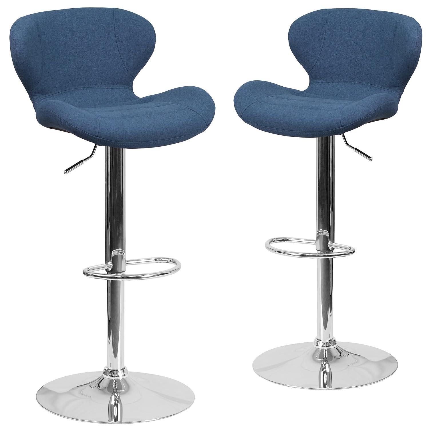 Flash Furniture Francis Contemporary Blue Fabric Adjustable Height Barstool with Curved Back and Chrome Base