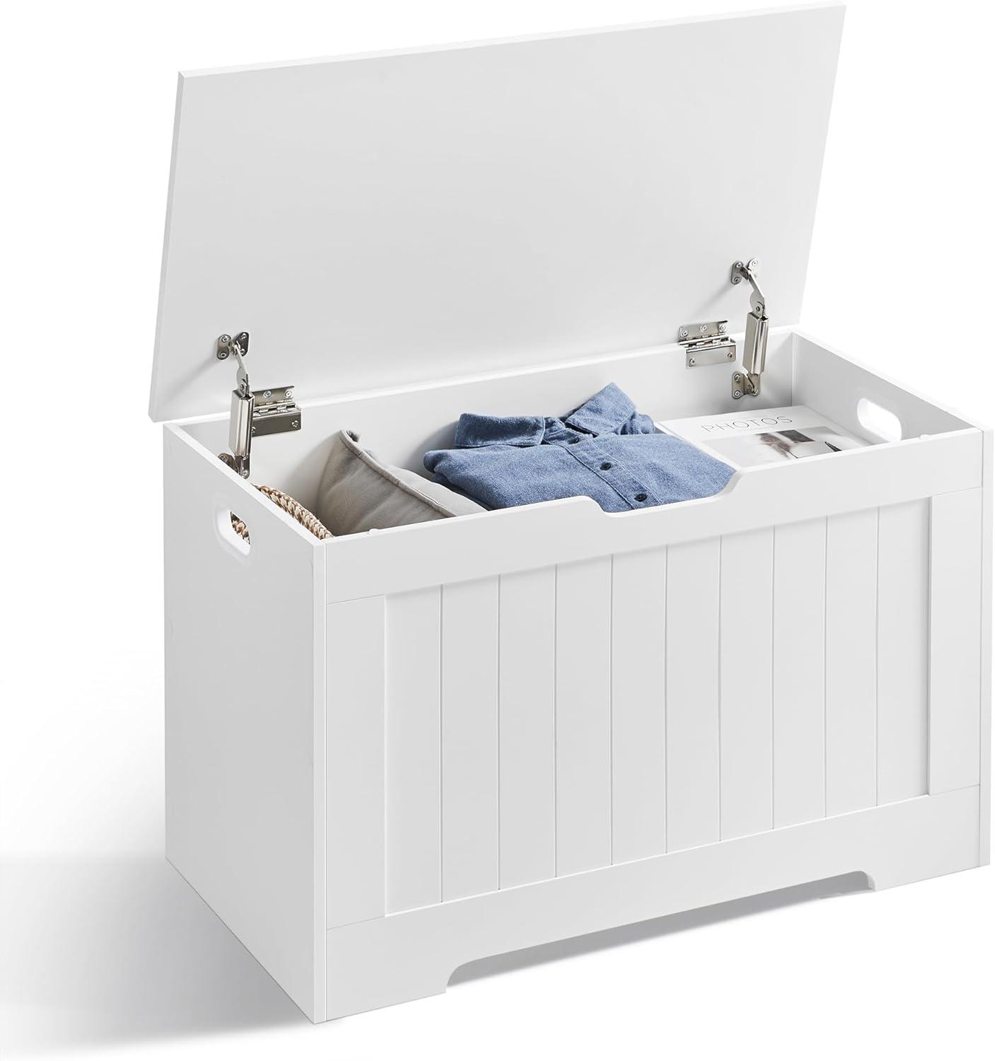 Ucloveria Lift-Top Storage Chest, Entryway Bench with 2 Safety Hinges, Wooden Box, White