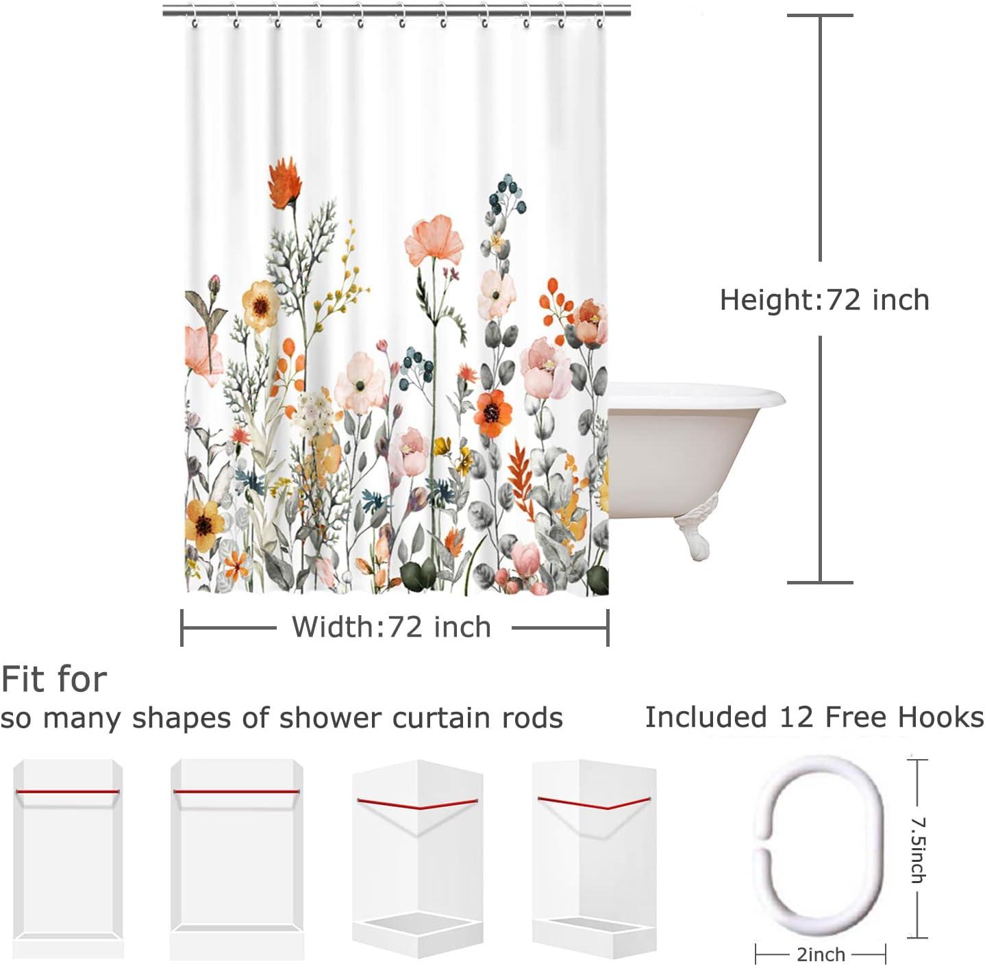 Colorful Floral Wildflower Polyester Shower Curtain with Hooks