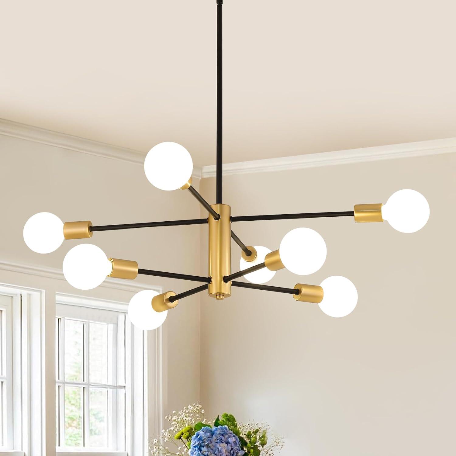 KAISITE Modern Sputnik Chandelier - 8-Light Ceiling Light Fixture Height Adjustable Mid Century Plating Finished Black and Gold Chandelier for Bedroom Living Room Dining Room Kitchen Foyer