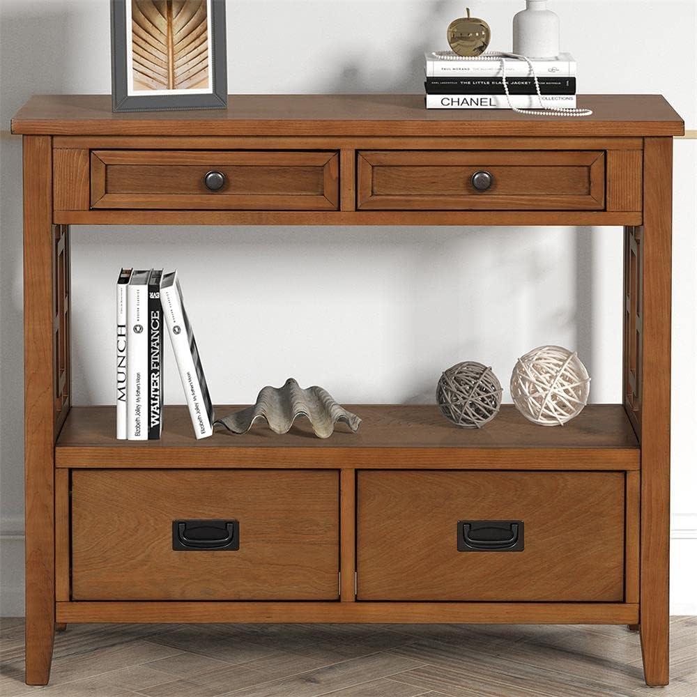 36'' Brown Pine Wood Console Table with Storage Drawers