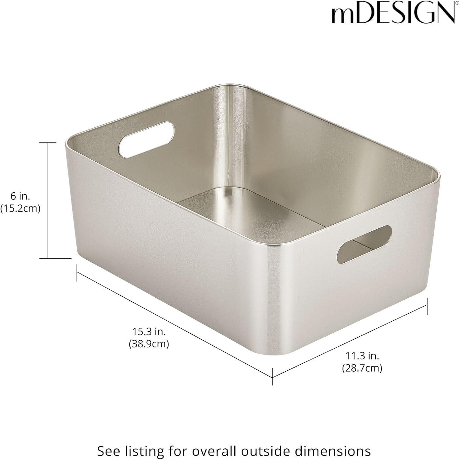 mDesign Steel Metal Storage Container Bin Basket, Handle - Kitchen Pantry, Cabinet, Fridge, Drawers, Freezer Organization - Food/Snack Holder Crates, 12" Wide - Mirri Collection, Brushed Chrome