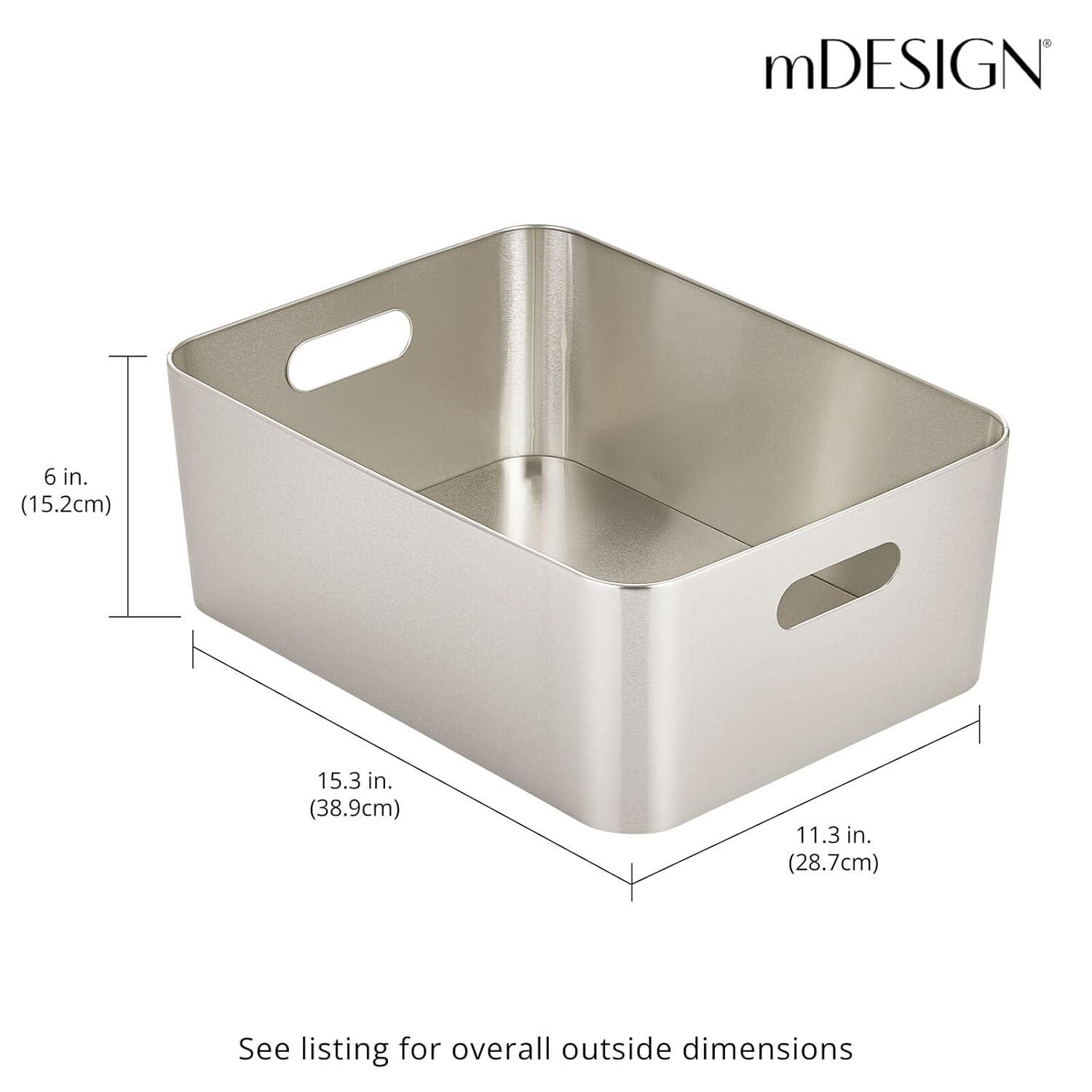 mDesign Steel Metal Storage Container Bin Basket, Handle - Kitchen Pantry, Cabinet, Fridge, Drawers, Freezer Organization - Food/Snack Holder Crates, 12" Wide - Mirri Collection, Brushed Chrome