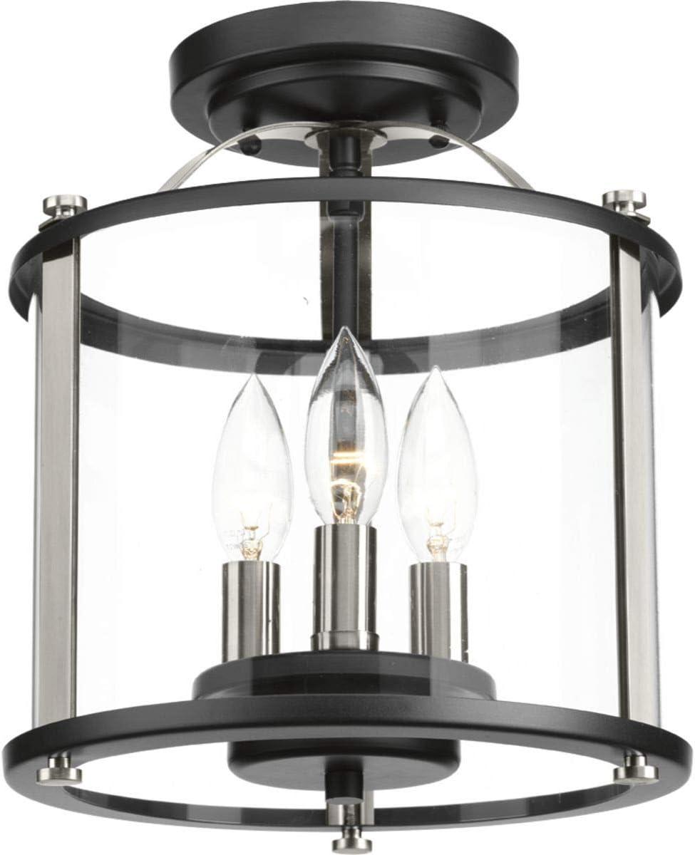 Progress Lighting, Squire Collection, 3-Light Semi-Flush Lantern, Black Finish, Clear Glass Shade