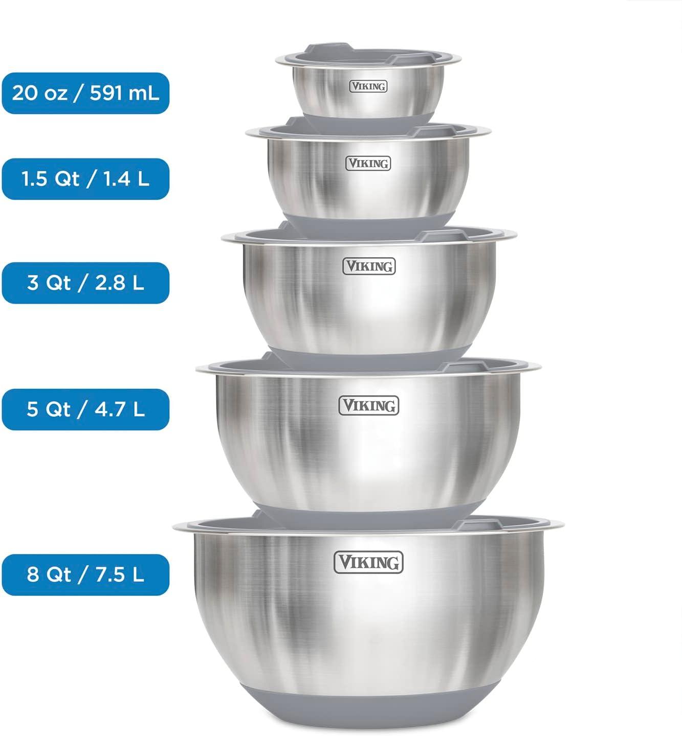 Viking 10-Piece Stainless Steel Mixing Bowl Set with Gray Lids