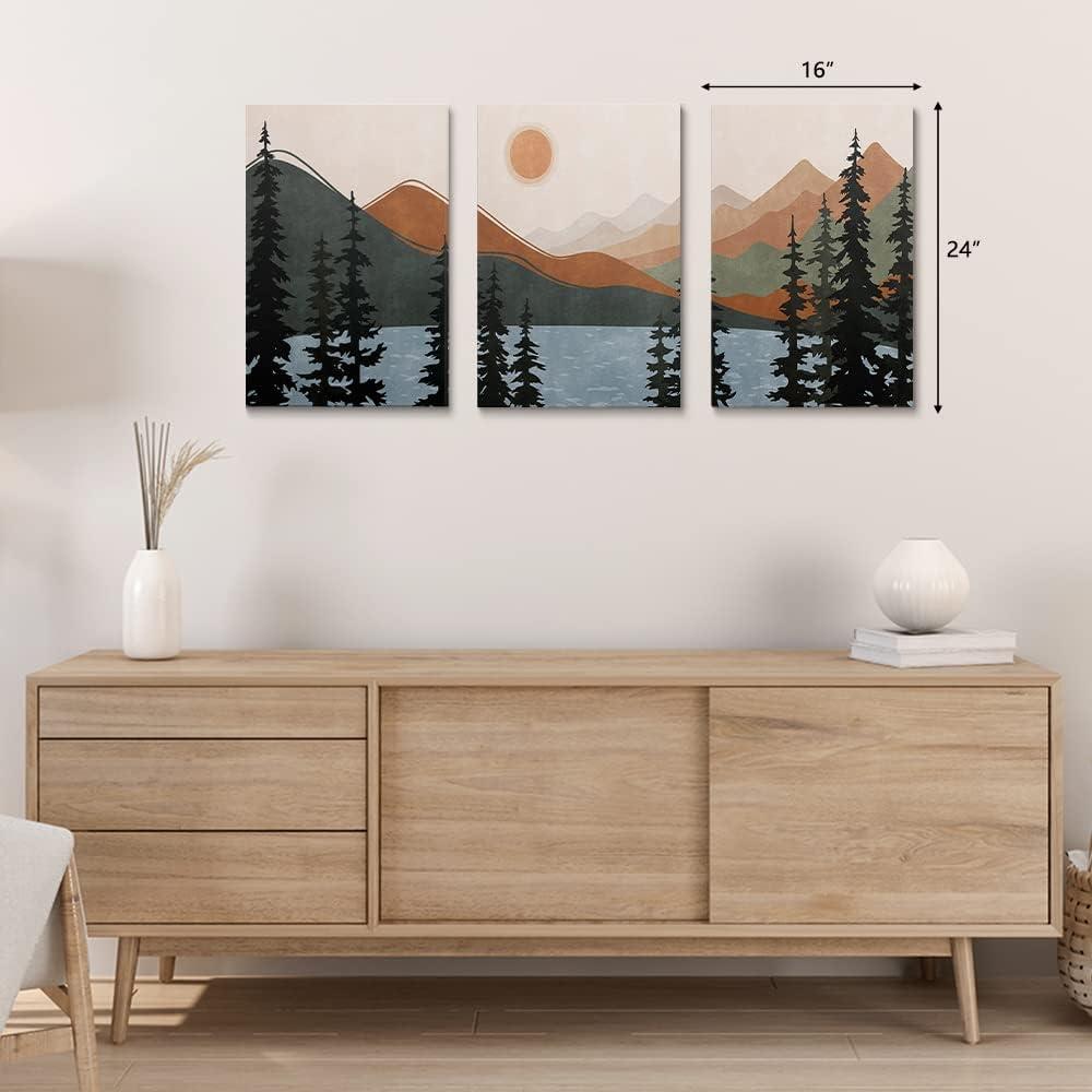 Boho Wall Art, Mid Century Modern Wall Art, Set of 3 Framed Canvas Wall Art Prints 12"x16" Abstract Geometric Neutral Sage Green Boho Artwork Wall Decor for Bedroom Living Room Bathroom