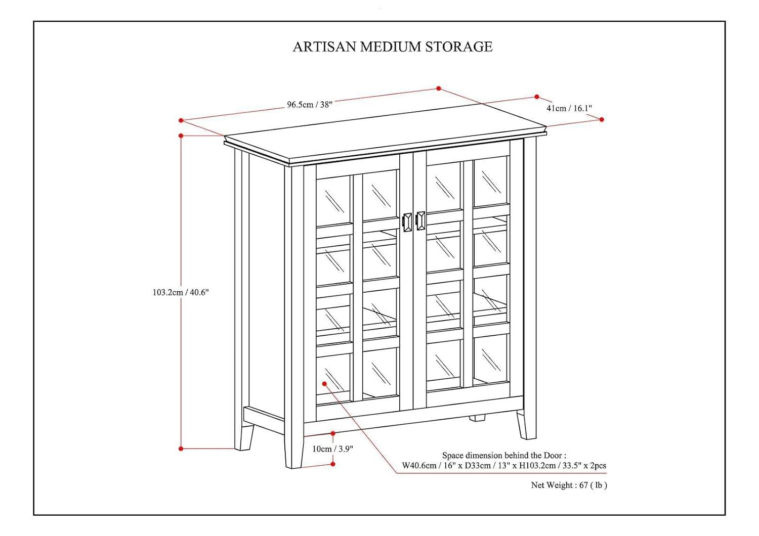 Simpli Home Artisan 38"W Solid Wood 4-Shelf Medium Storage Cabinet with Glass Doors and Adjustable Shelves