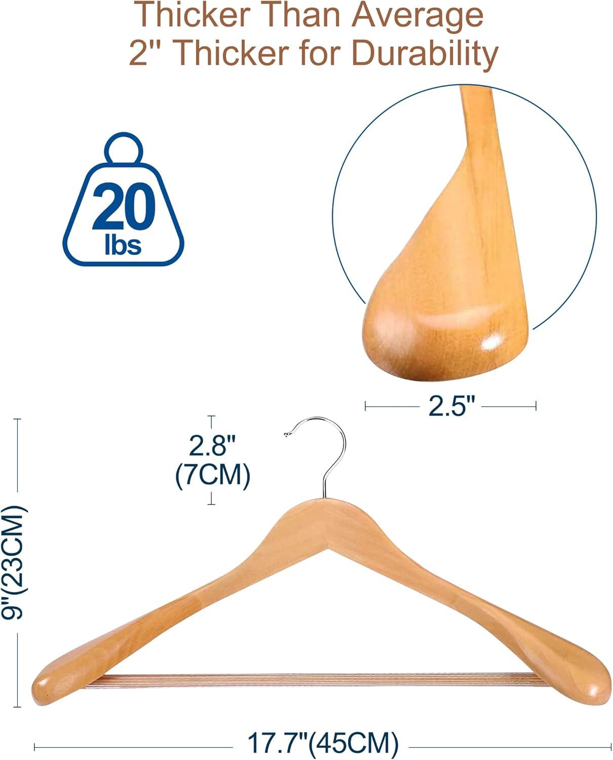 TOPIA HANGER Wide Shoulder Wooden Hangers, Suit Hangers with Non Slip Pants Bar & 360° Swivel Hook, Solid Wood Heavy Duty Coat Hanger, 6 Pack (Natural)-CT02NA