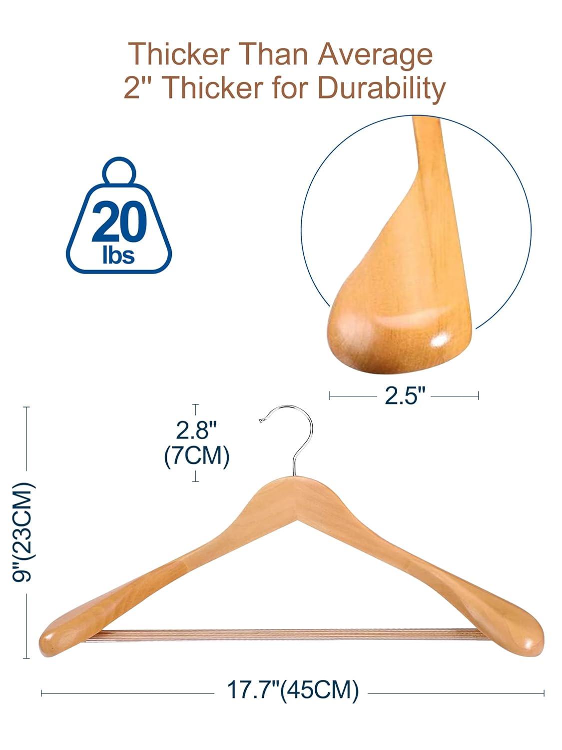 TOPIA HANGER Wide Shoulder Wooden Hangers, Suit Hangers with Non Slip Pants Bar & 360° Swivel Hook, Solid Wood Heavy Duty Coat Hanger, 6 Pack (Natural)-CT02NA