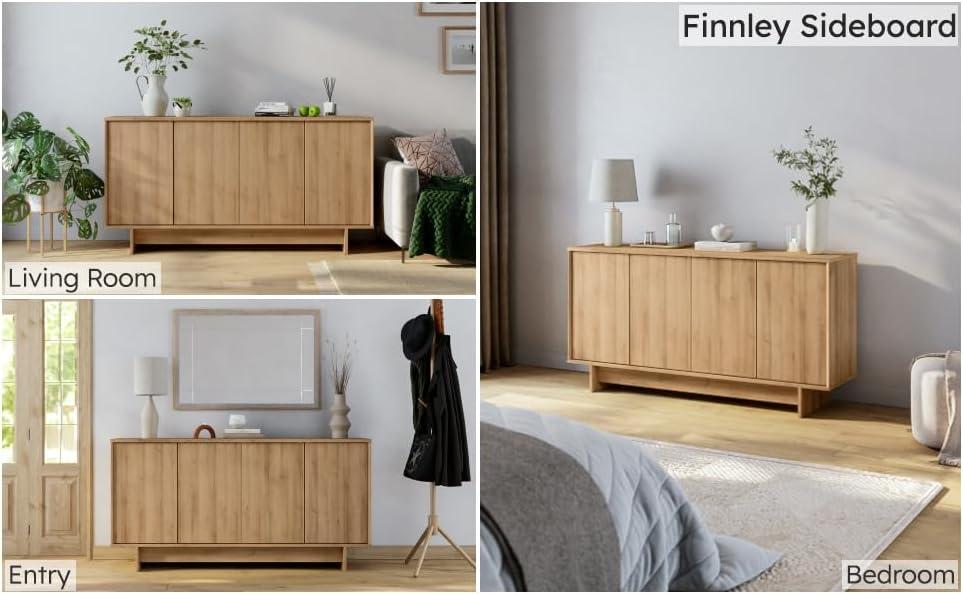 Prepac Natural Oak Finnley Sideboard Cabinet Buffet Cabinet with Storage Accent Cabinet for Living Room, Kitchen, Entryway Cabinet with Adjustable Shelves Push Latch System 16"D x 61.5"W x 30.75"H