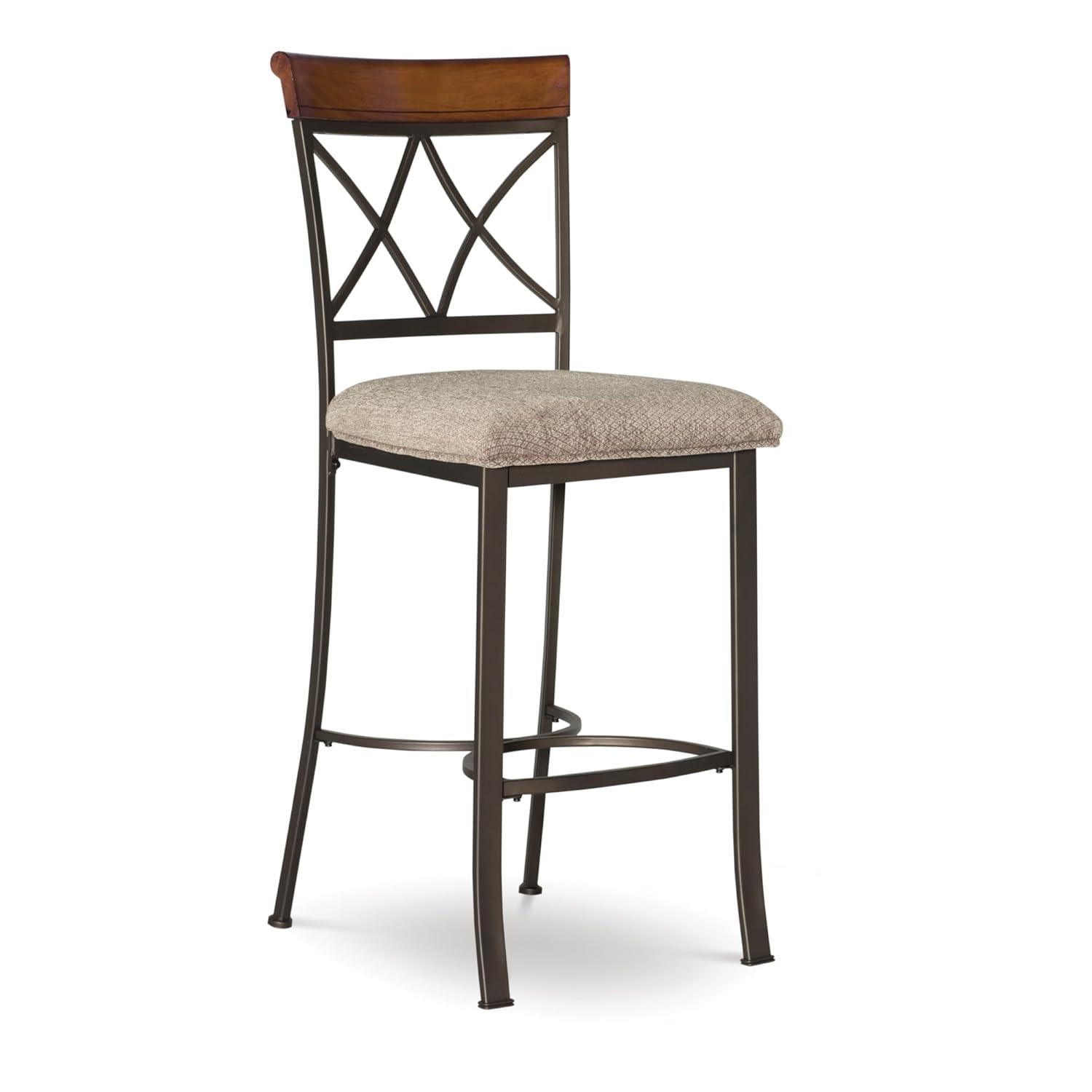 Linon Hamilton Metal Bar Stool Padded Beige Seat Wood Trim in Matte Pewter