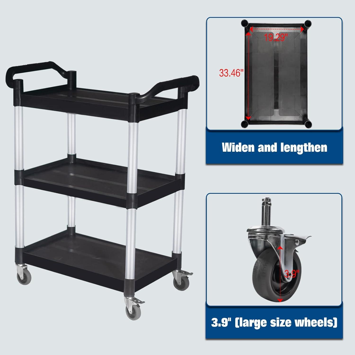 Large Black Plastic and Aluminum 3-Tier Utility Cart with Swivel Wheels