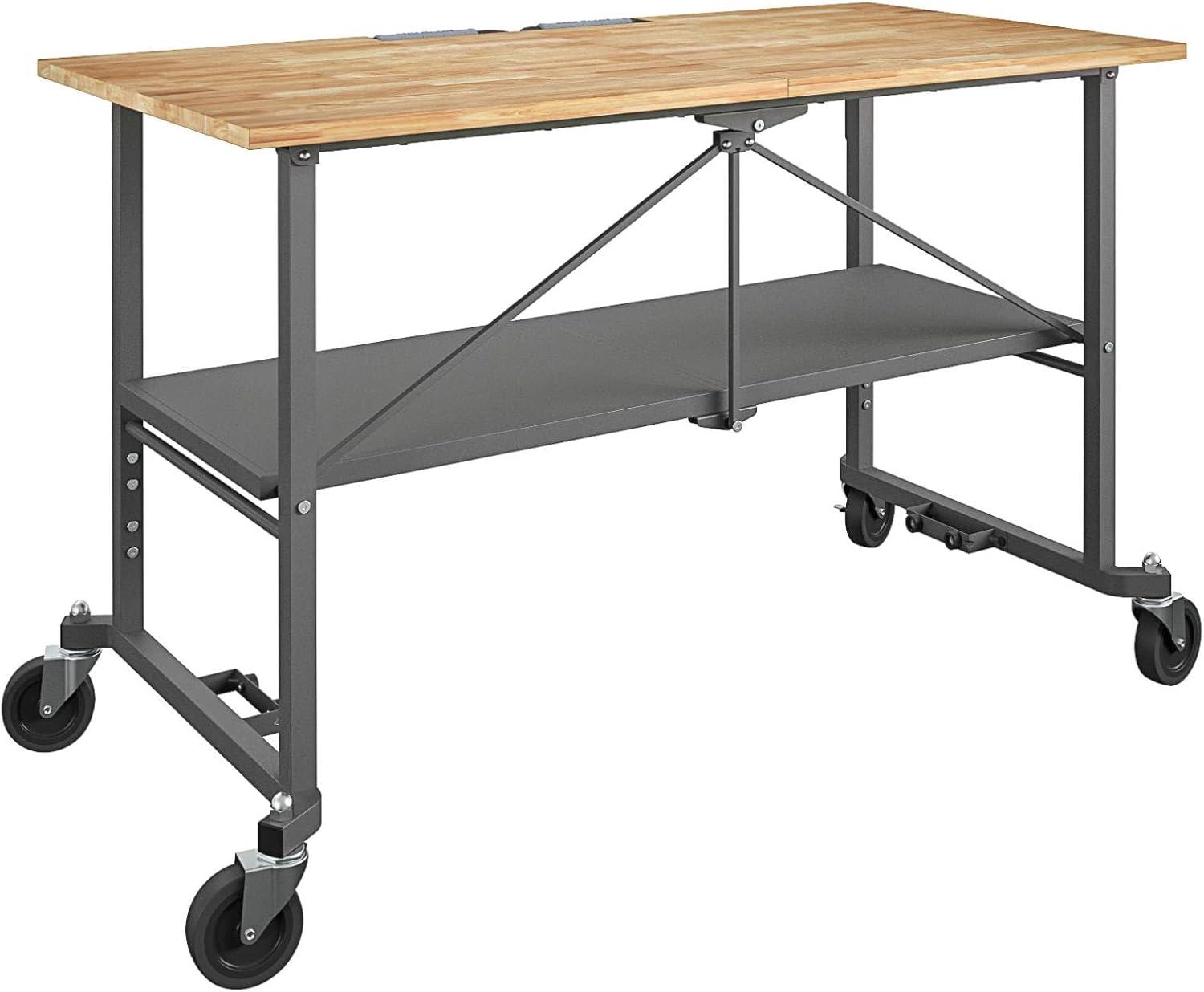 COSCO SmartFold Butcher Block Portable Workbench / Folding Utility Table (Gray Steel Frame)
