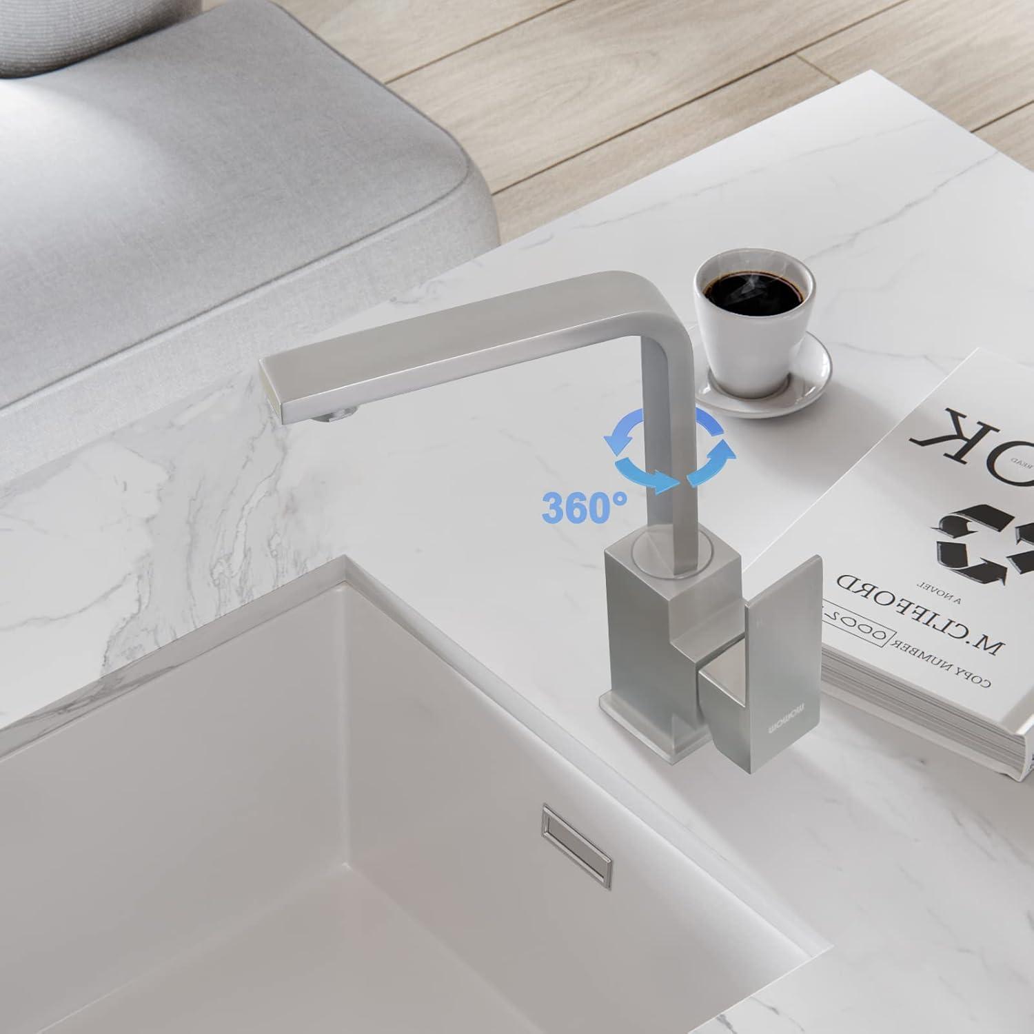 Single Handle Deck Mount Stainless Steel Bar Faucet with Hot & Cold Dual Modes in Brushed Nickel Finish