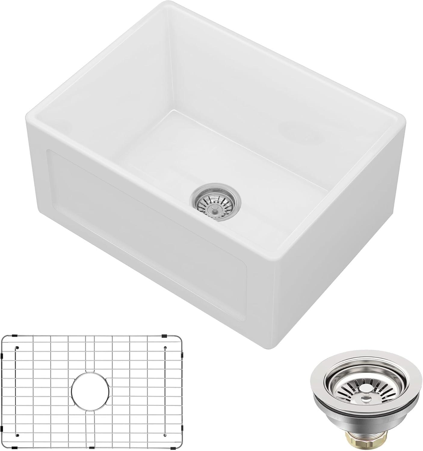 24 Inch Farmhouse Sink , White Farm Sink for Small Kitchen and Laundry, Luxury Fireclay Porcelain Ceramic Apron Sink Single Basin with Bottom Grid and Strainer