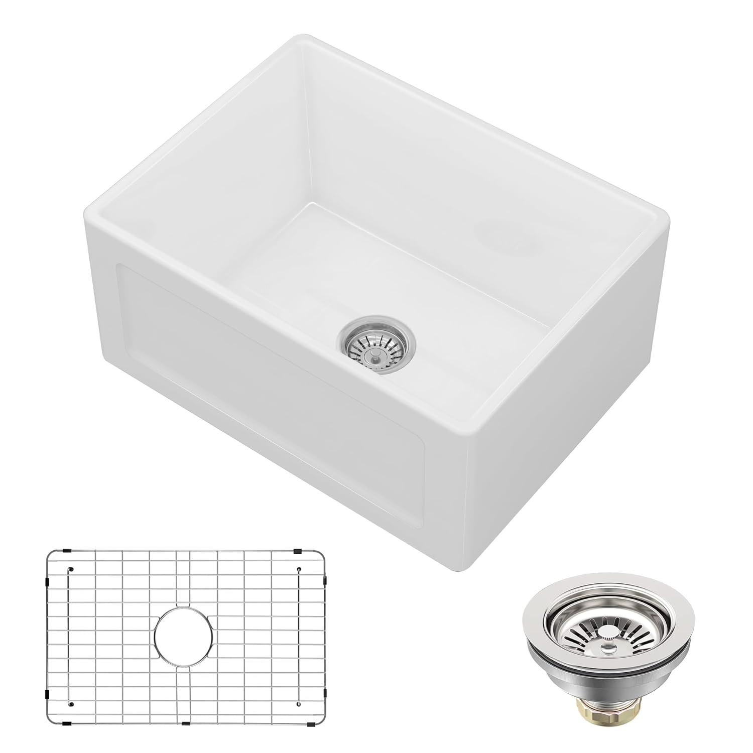 24 Inch Farmhouse Sink , White Farm Sink for Small Kitchen and Laundry, Luxury Fireclay Porcelain Ceramic Apron Sink Single Basin with Bottom Grid and Strainer