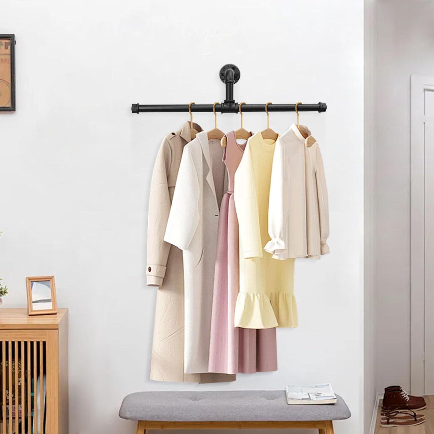 Industrial Pipe Clothes Rack Floating DIY Wall Mounted, Heavy Duty Rustic Vintage Clothing Rod, Metal Garment Bar Space-Saving Hanging for Bedroom, Bathroom and Laundry Room (Black)