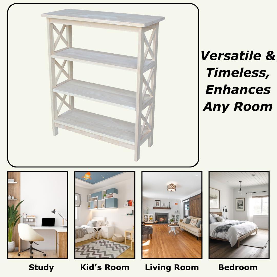 36" 3 Tier X-Sided Bookcase - International Concepts: Mid-Century Modern Style, Unfinished Hardwood, Metal Hardware