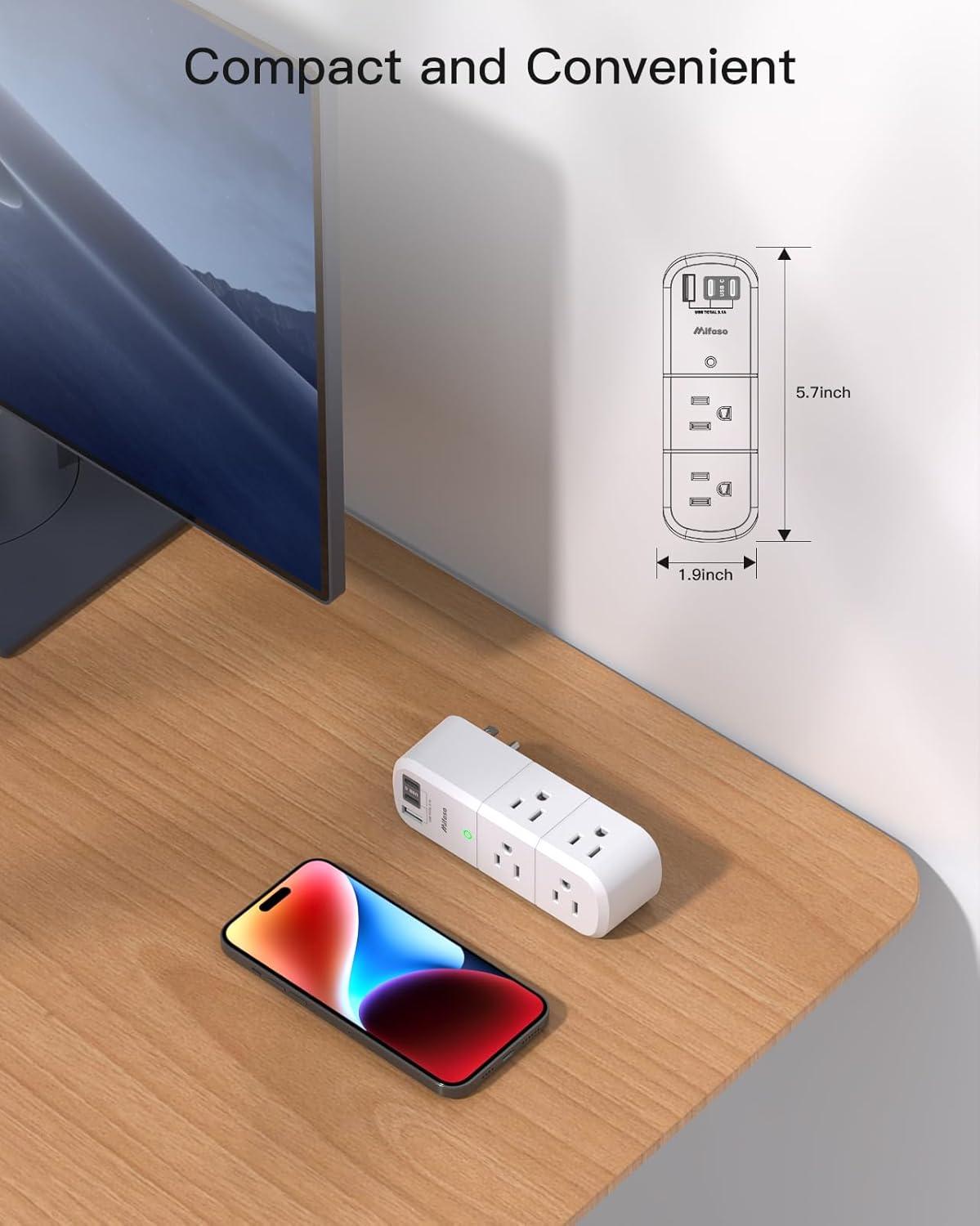 White 6-Outlet Extender with USB-C and USB-A Ports