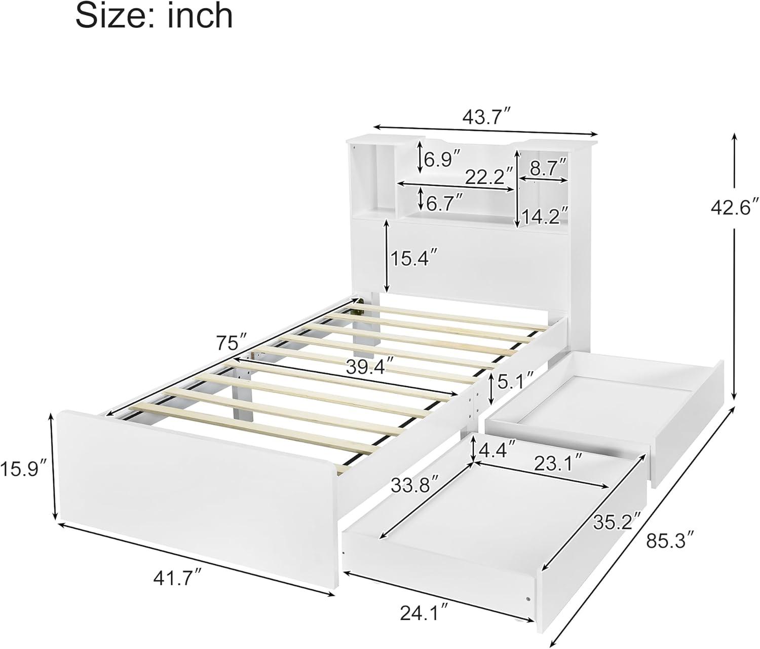 Harper & Bright Designs Twin Size Bed with Storage Headboard and Drawers, Solid Wood Twin Platform Bed Frame with 2 Drawers, 4 Shelves and LED Light, No Box Spring Needed - White