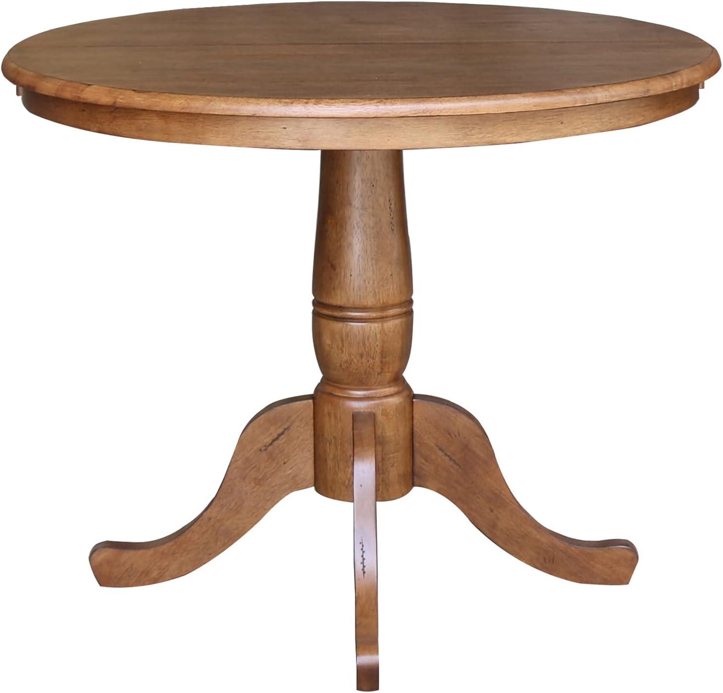 Keanan Round Top Pedestal Table with 12" Drop Leaf Distressed Oak - International Concepts