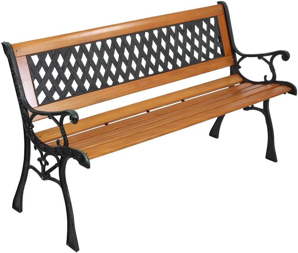 49.5" Bronze and Natural Metal Wood Outdoor Bench with Weave Backrest