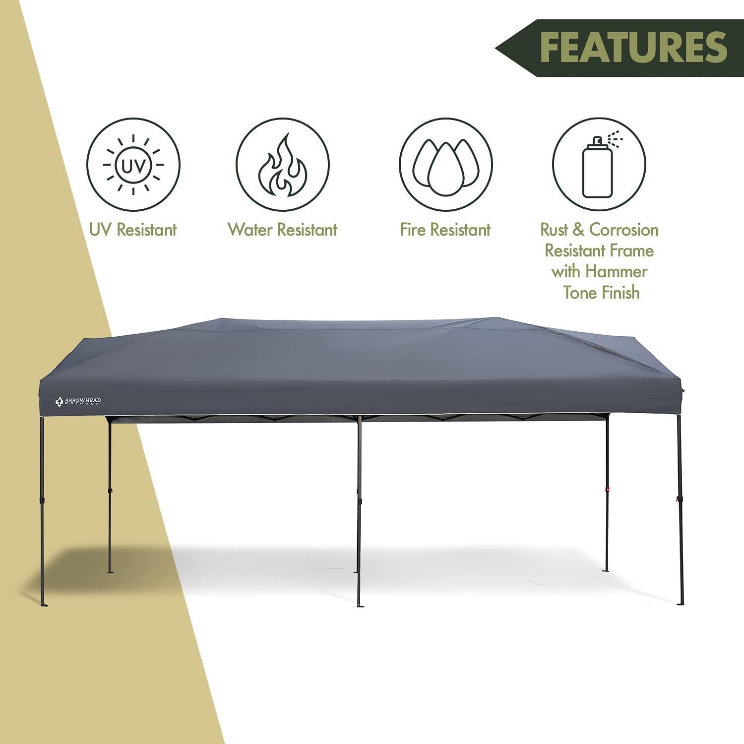 ARROWHEAD OUTDOOR 10’x20’ Pop-Up Canopy & Instant Shelter, Easy One Person Setup, Water & UV Resistant 300D Fabric Construction, Adjustable Height, Wheeled Carry Bag, Guide Ropes & Stakes Included