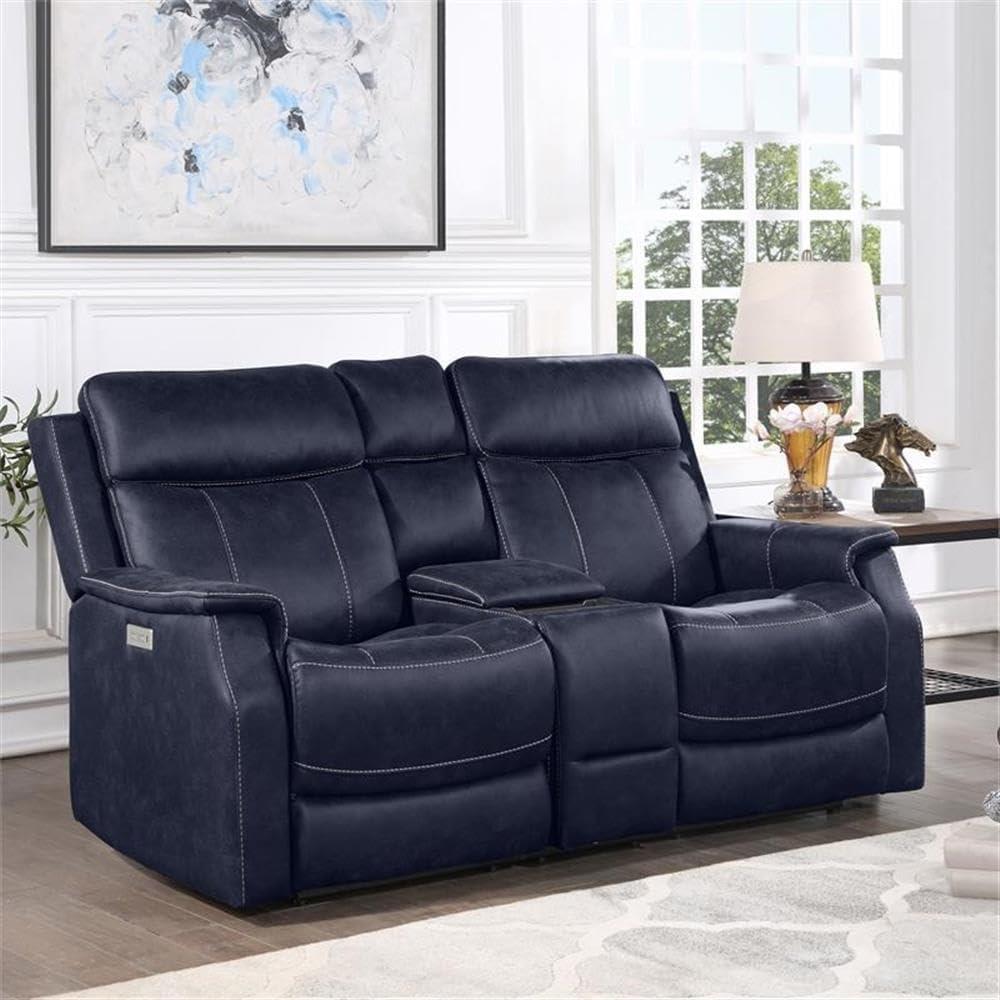 Steve Silver Valencia Leatherette Dual Power Reclining Loveseat with Console, Ocean Blue