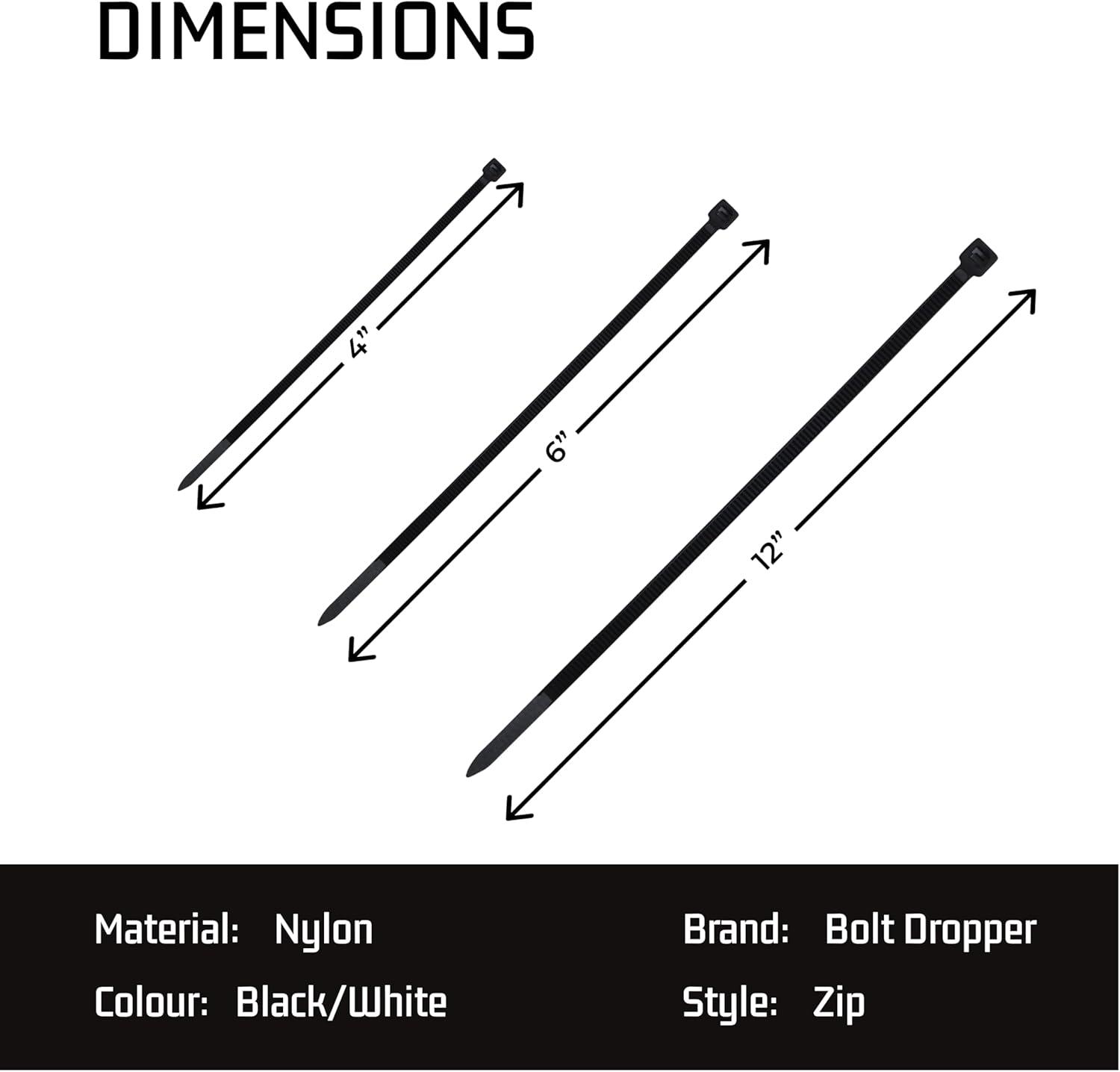 Bolt Dropper Zip Tie Kit 4" 6" 8" Black White 18lb To 50lb Tensile Strength 400 Pack