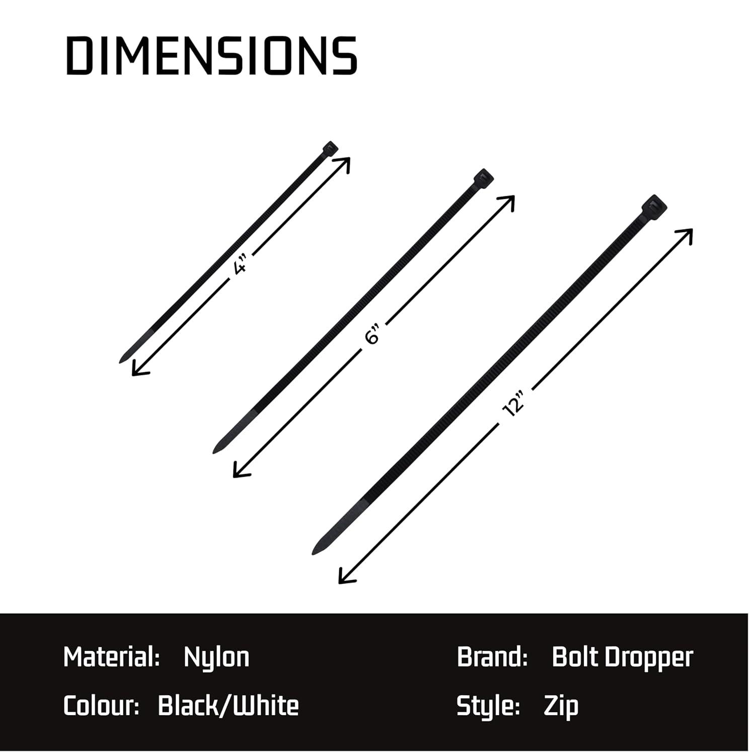 Bolt Dropper Zip Tie Kit 4" 6" 8" Black White 18lb To 50lb Tensile Strength 400 Pack